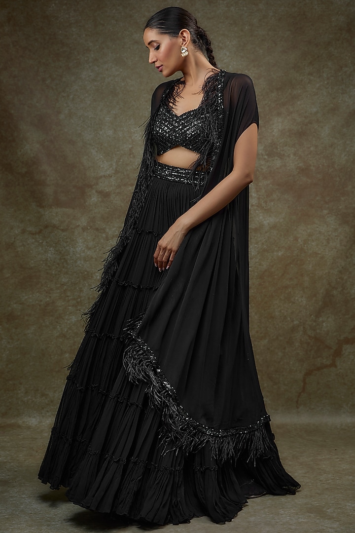 Black Georgette & Raw Silk Cape Set by Kresha Lulla at Pernia's Pop Up Shop