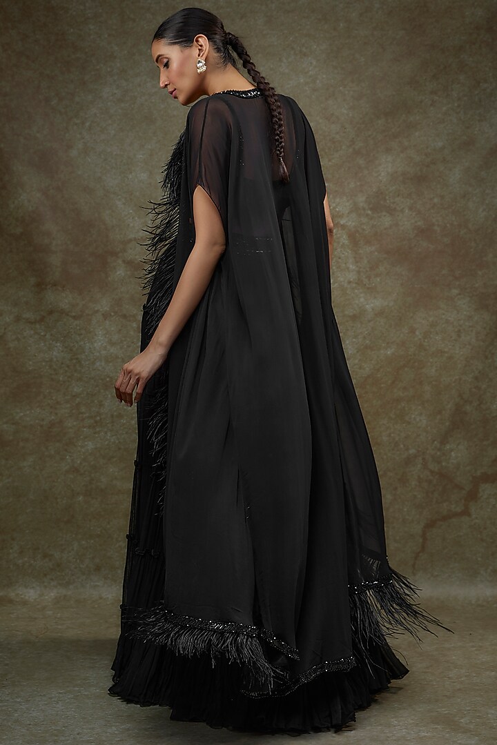 Black Georgette & Raw Silk Cape Set by Kresha Lulla at Pernia's Pop Up Shop