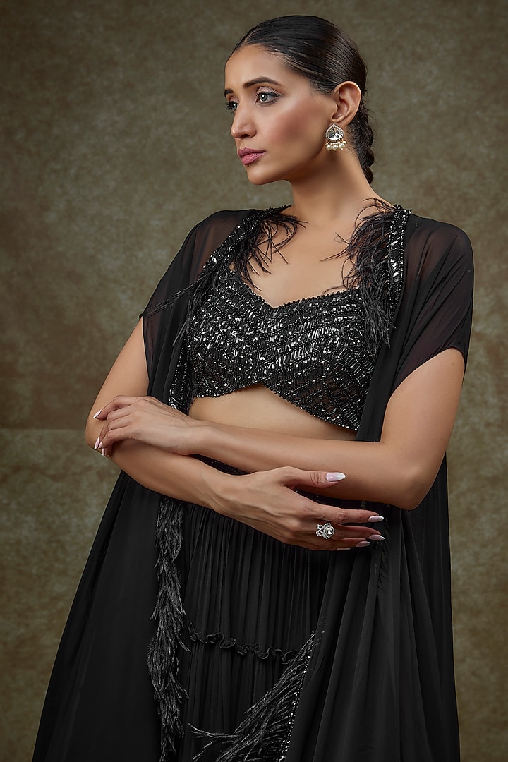 Black Georgette & Raw Silk Cape Set by Kresha Lulla at Pernia's Pop Up Shop