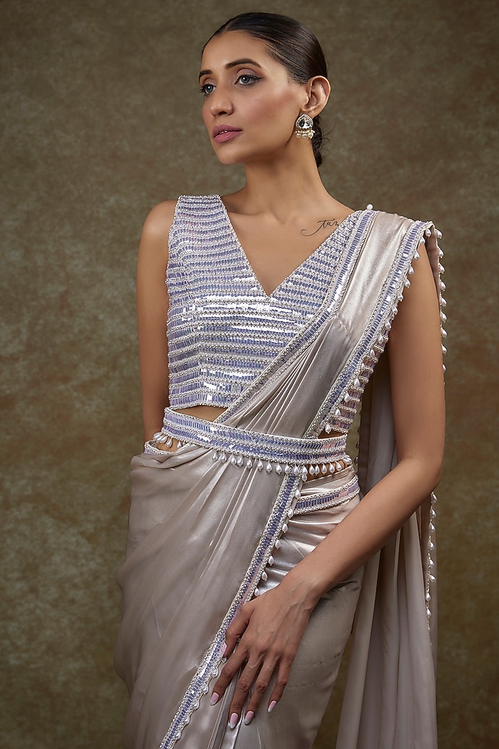Silver Satin & Raw Silk Reception Saree Set by Kresha Lulla at Pernia's Pop Up Shop