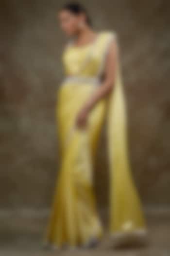 Yellow Satin & Raw Silk Saree Set by Kresha Lulla