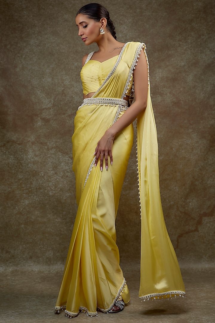 Yellow Satin & Raw Silk Saree Set Design by Kresha Lulla at Pernia's Pop Up  Shop 2024