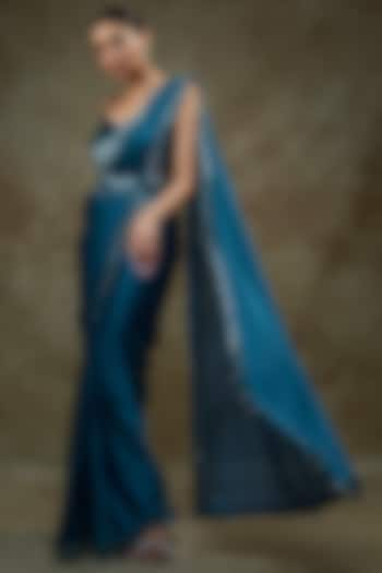 Teal Blue Satin & Raw Silk Saree Set by Kresha Lulla at Pernia's Pop Up Shop