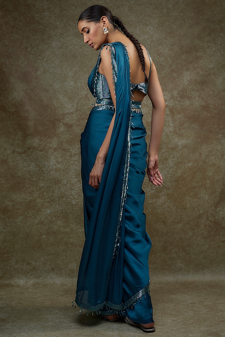 Teal Blue Satin & Raw Silk Reception Saree Set by Kresha Lulla at Pernia's Pop Up Shop