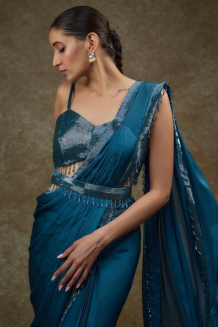 Teal Blue Satin & Raw Silk Reception Saree Set by Kresha Lulla at Pernia's Pop Up Shop
