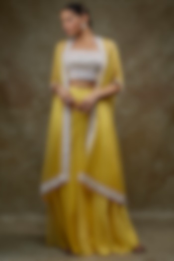Yellow Organza & Raw Silk Cape Set by Kresha Lulla at Pernia's Pop Up Shop
