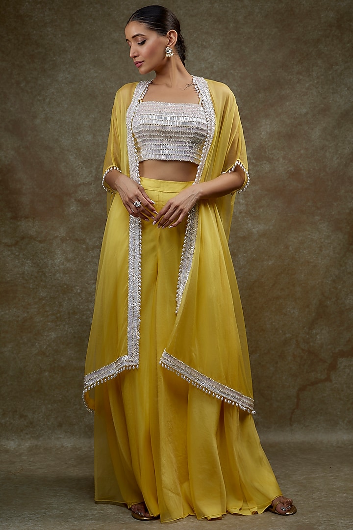 Yellow Organza & Raw Silk Cape Set by Kresha Lulla at Pernia's Pop Up Shop