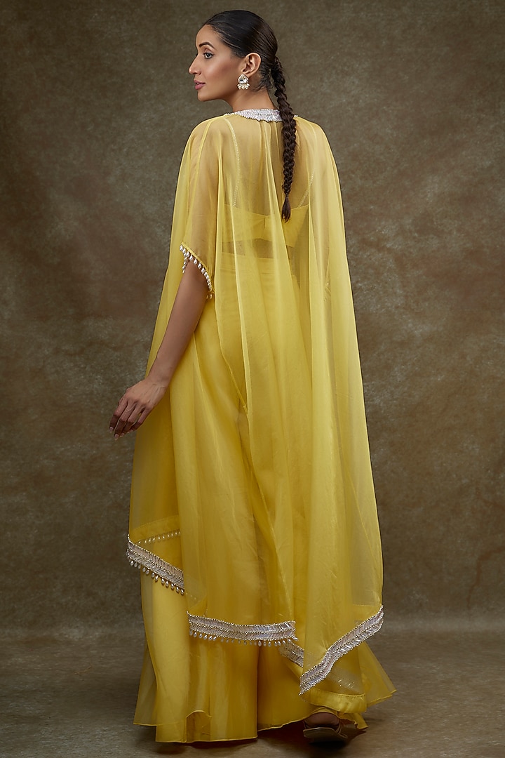 Yellow Organza & Raw Silk Cape Set by Kresha Lulla at Pernia's Pop Up Shop