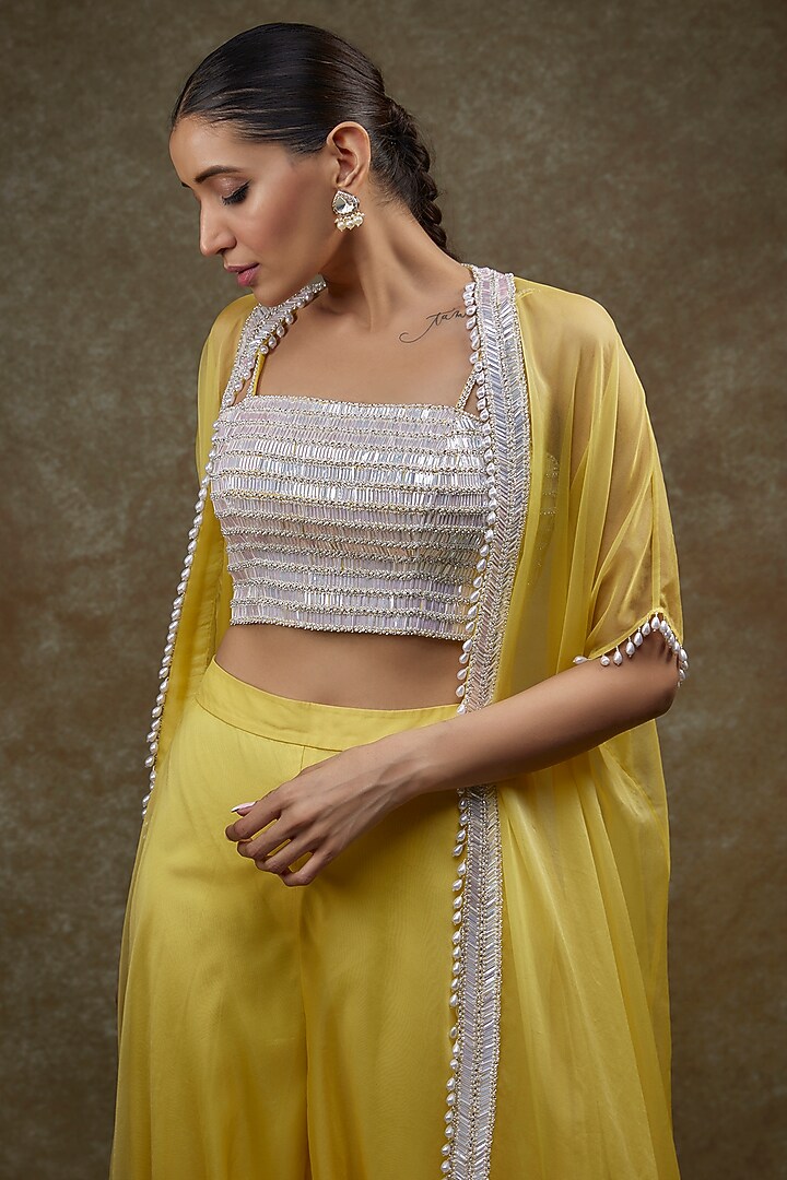 Yellow Organza & Raw Silk Cape Set by Kresha Lulla at Pernia's Pop Up Shop