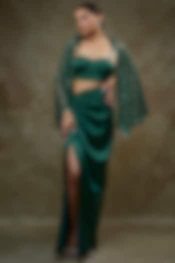 Emerald Green Satin & Net Embroidered Cape Set by Kresha Lulla at Pernia's Pop Up Shop