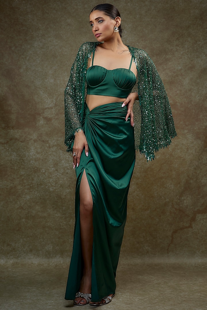 Emerald Green Satin & Net Embroidered Cape Set by Kresha Lulla at Pernia's Pop Up Shop