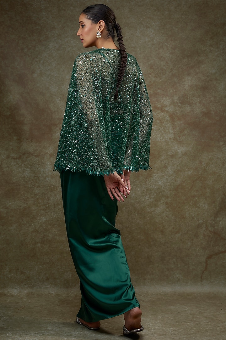 Emerald Green Satin & Net Embroidered Cape Set by Kresha Lulla at Pernia's Pop Up Shop