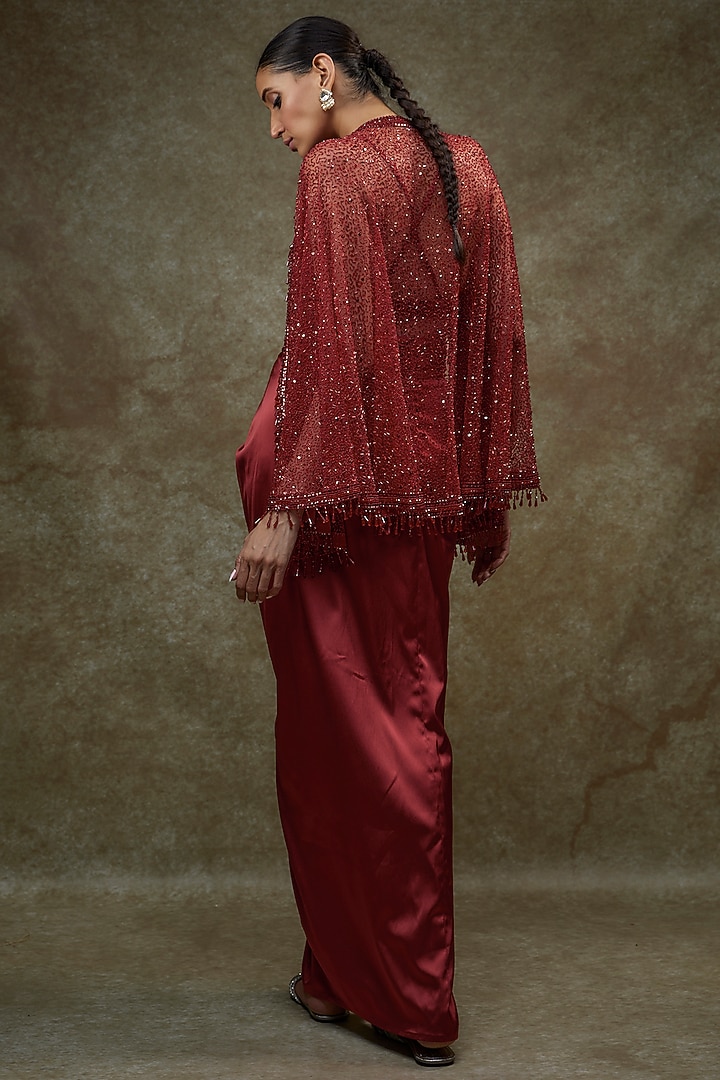 Red Rose Satin & Net Cape Set by Kresha Lulla at Pernia's Pop Up Shop