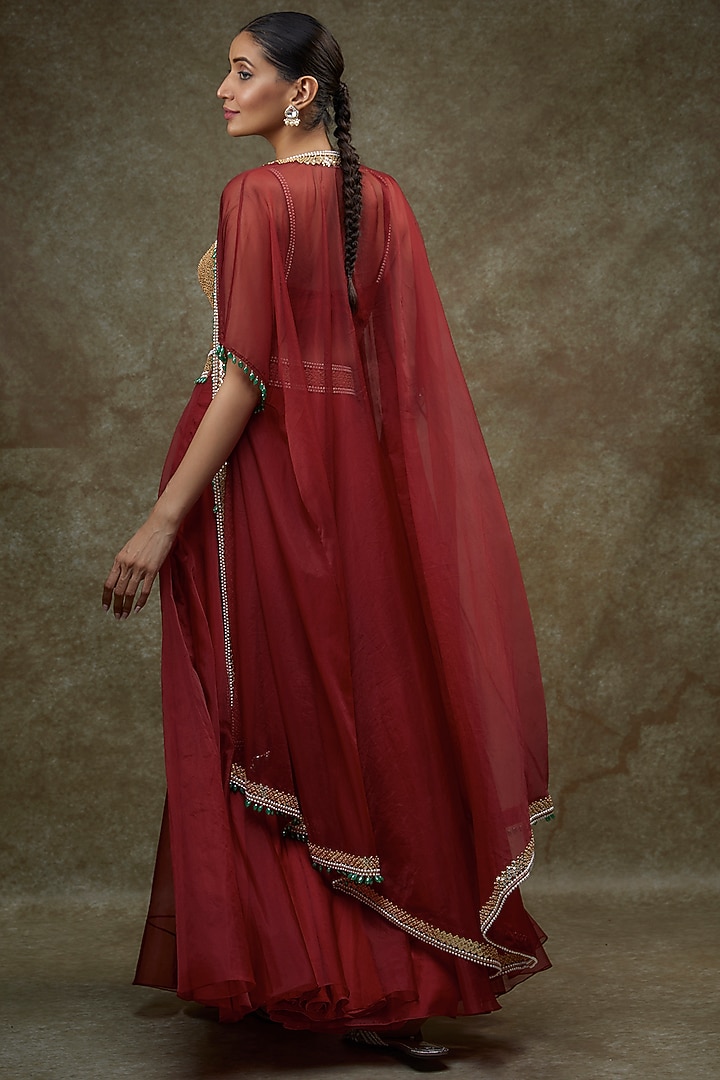 Red Organza & Raw Silk Cape Set by Kresha Lulla at Pernia's Pop Up Shop