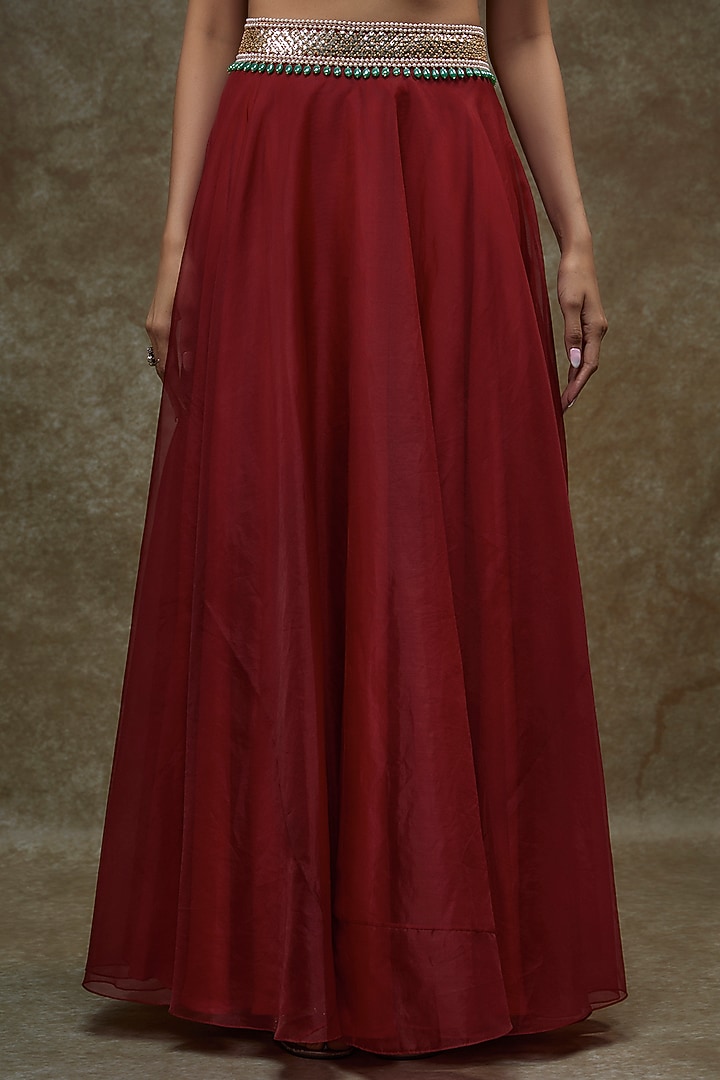 Red Organza & Raw Silk Cape Set by Kresha Lulla at Pernia's Pop Up Shop