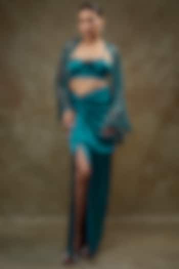 Teal Blue Satin & Net Cape Set by Kresha Lulla at Pernia's Pop Up Shop