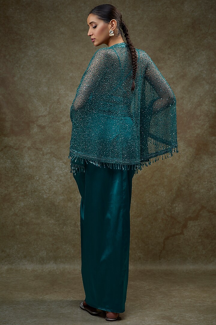 Teal Blue Satin & Net Cape Set by Kresha Lulla at Pernia's Pop Up Shop