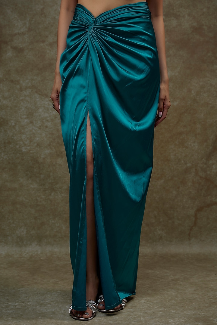 Teal Blue Satin & Net Cape Set by Kresha Lulla at Pernia's Pop Up Shop