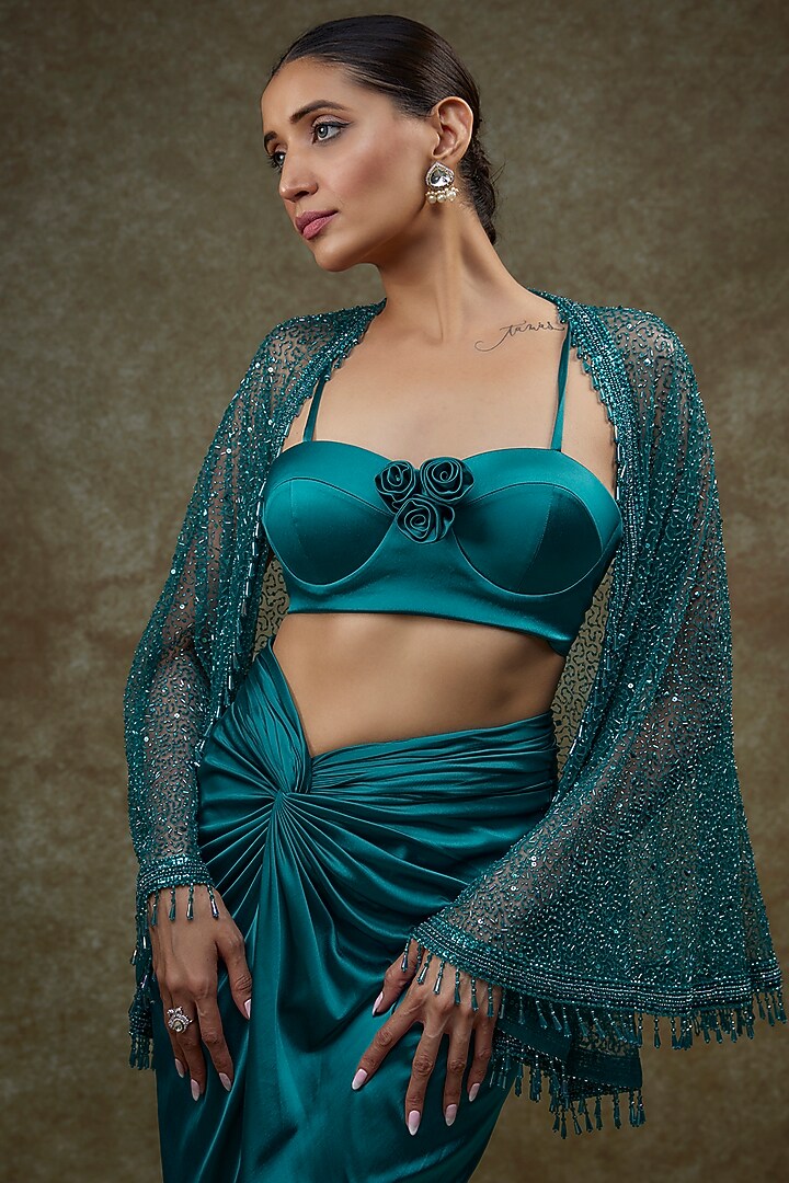 Teal Blue Satin & Net Cape Set by Kresha Lulla at Pernia's Pop Up Shop