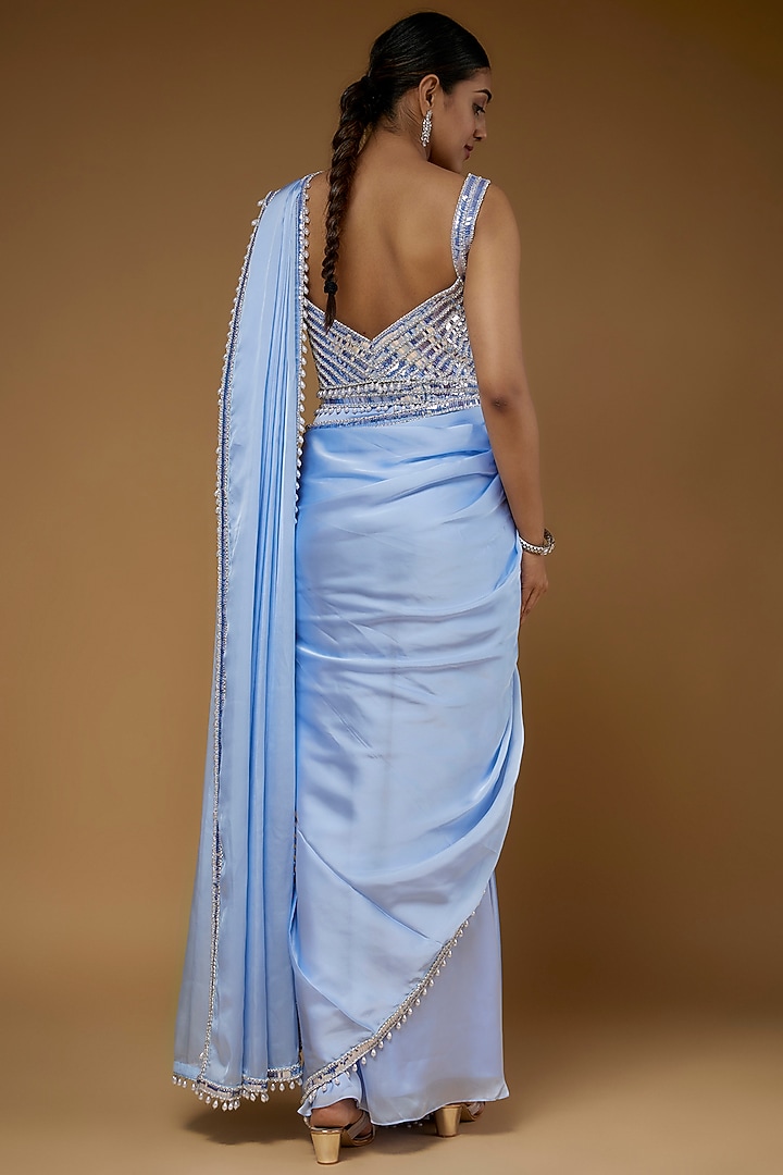 Powder Blue Satin Embroidered Reception Saree Set by Kresha Lulla at Pernia's Pop Up Shop