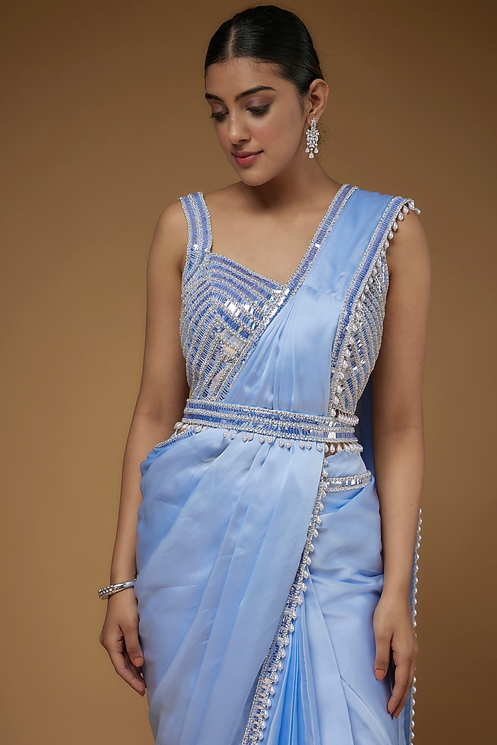Powder Blue Satin Embroidered Reception Saree Set by Kresha Lulla at Pernia's Pop Up Shop