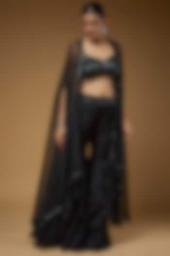 Black Organza & Raw Silk Cape Set by Kresha Lulla at Pernia's Pop Up Shop