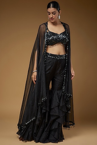 Black Organza & Raw Silk Cape Set by Kresha Lulla