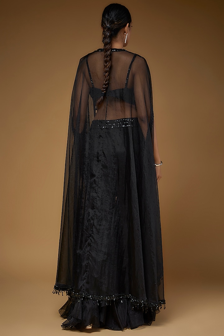 Black Organza & Raw Silk Cape Set by Kresha Lulla at Pernia's Pop Up Shop
