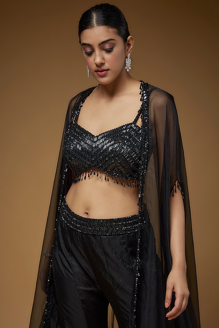 Black Organza & Raw Silk Cape Set by Kresha Lulla at Pernia's Pop Up Shop