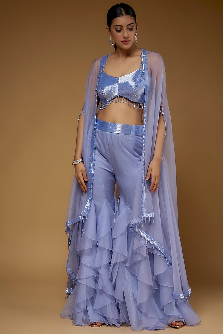 Periwinkle Blue Organza & Raw Silk Cape Set by Kresha Lulla at Pernia's Pop Up Shop