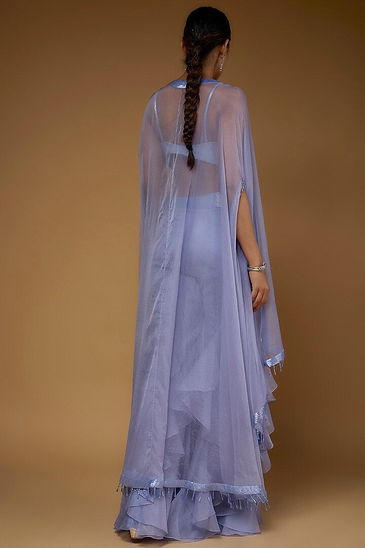 Periwinkle Blue Organza & Raw Silk Cape Set by Kresha Lulla at Pernia's Pop Up Shop