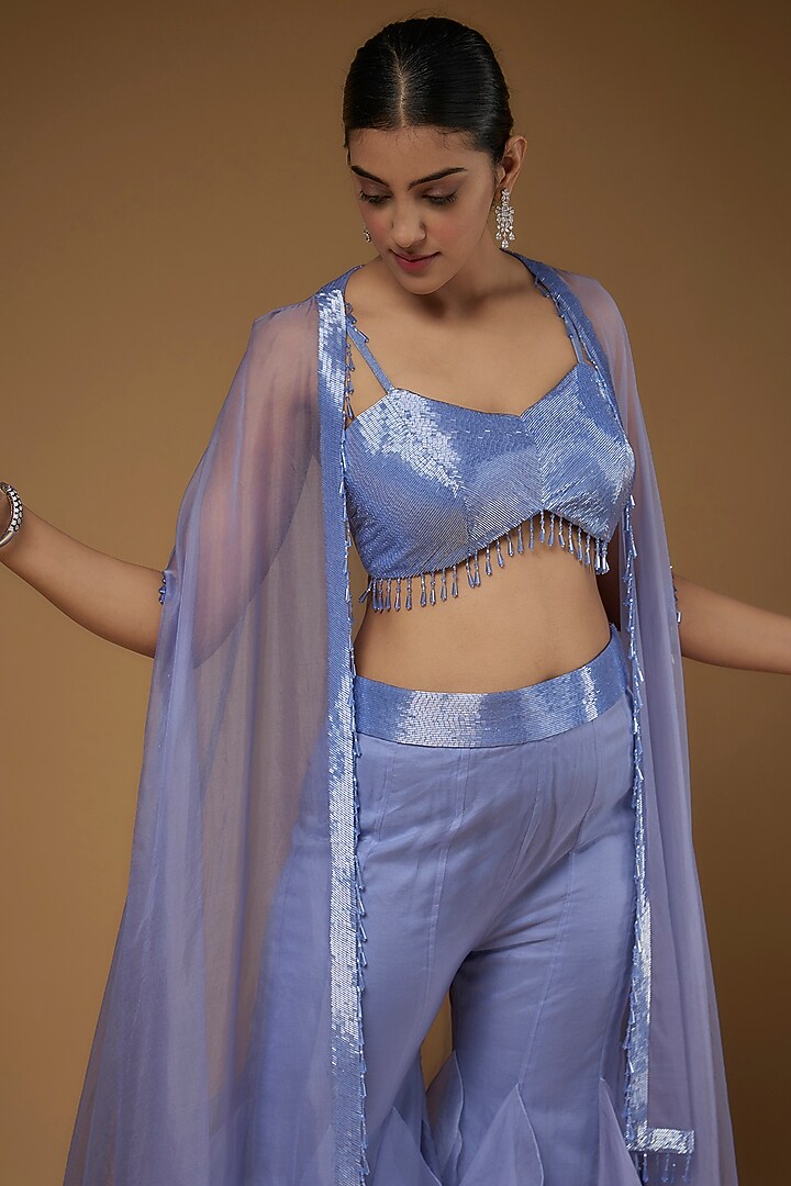 Periwinkle Blue Organza & Raw Silk Cape Set by Kresha Lulla at Pernia's Pop Up Shop