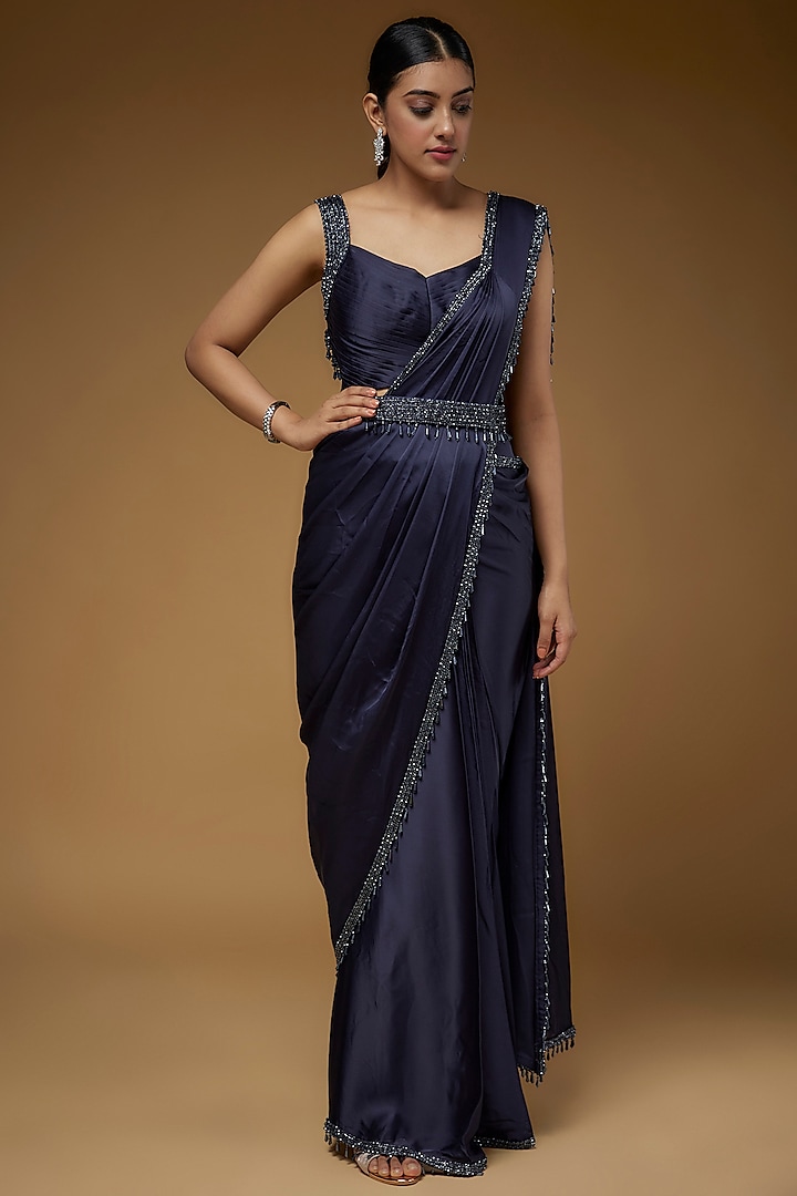 Shop Navy Blue Drape Saree Skirt & Blouse Set by SOUP BY SOUGAT