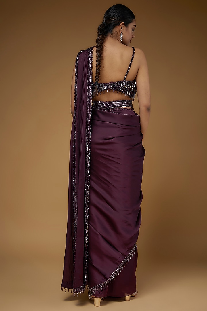 Aubergine Satin Reception Saree Set by Kresha Lulla at Pernia's Pop Up Shop