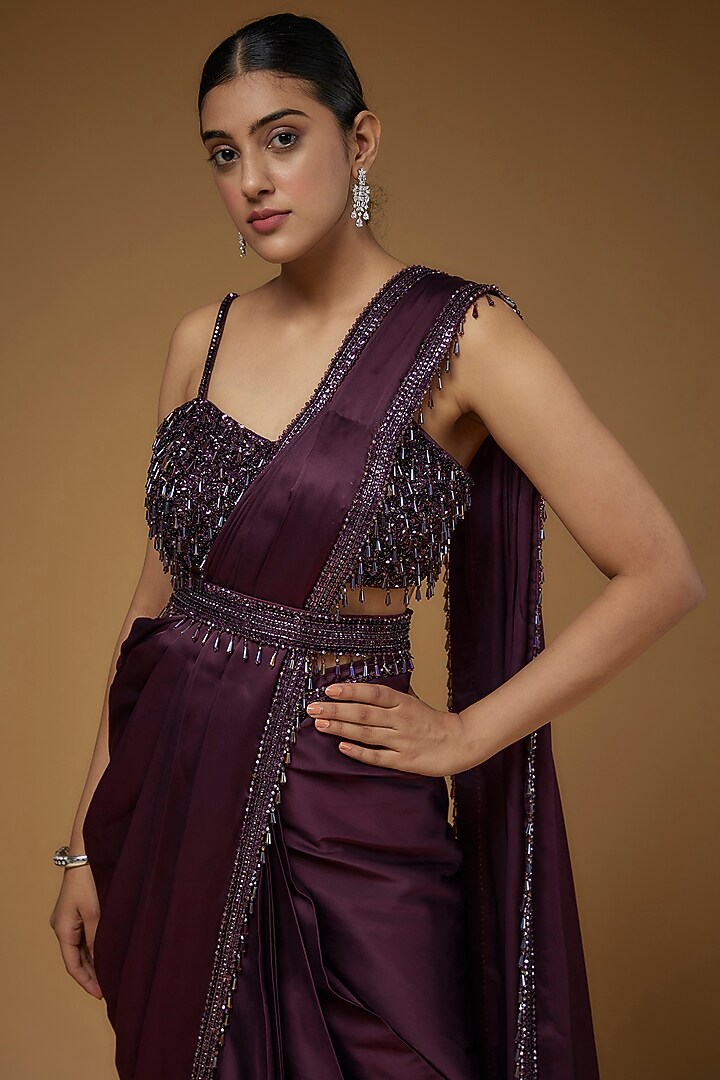 Aubergine Satin Reception Saree Set by Kresha Lulla at Pernia's Pop Up Shop
