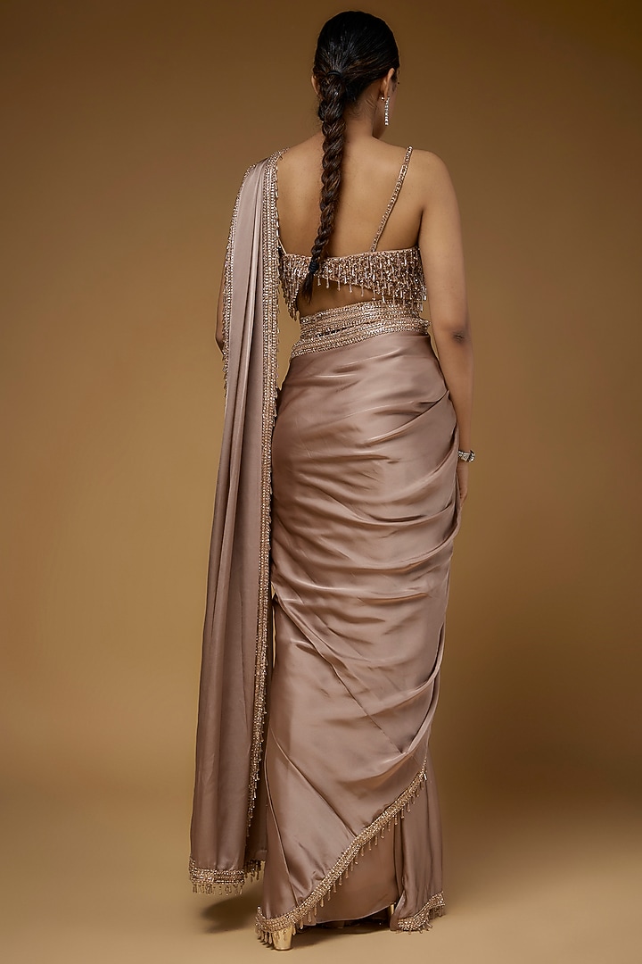Beige Gold Satin Reception Saree Set by Kresha Lulla at Pernia's Pop Up Shop