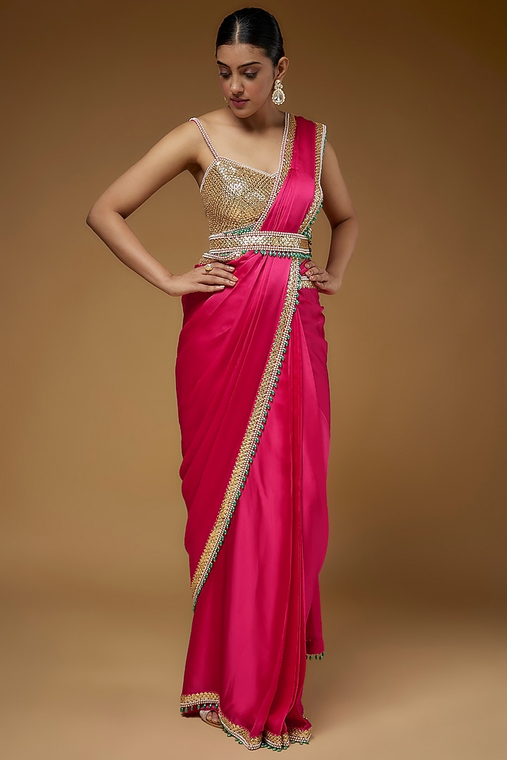 Fuchsia Pink Satin & Raw Silk Reception Saree Set by Kresha Lulla at Pernia's Pop Up Shop