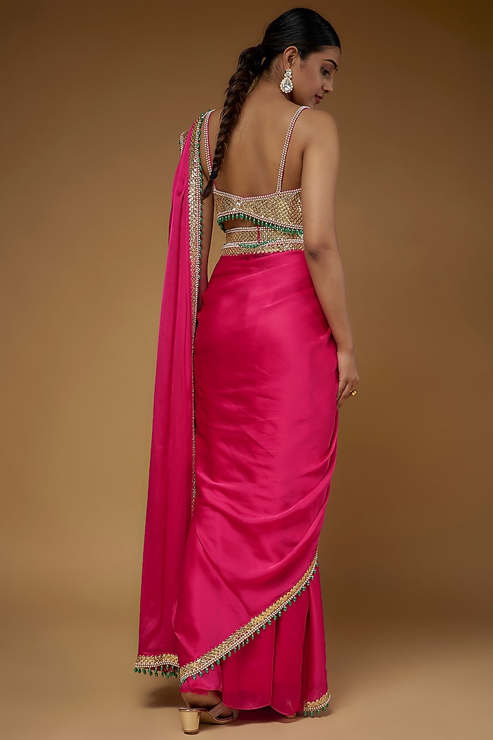 Fuchsia Pink Satin & Raw Silk Reception Saree Set by Kresha Lulla at Pernia's Pop Up Shop