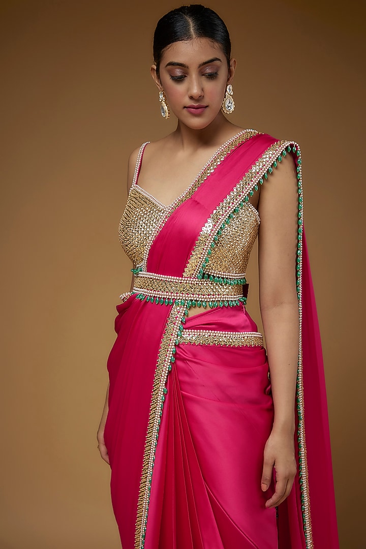 Fuchsia Pink Satin & Raw Silk Reception Saree Set by Kresha Lulla at Pernia's Pop Up Shop