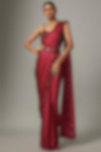 Red Satin & Raw Embroidered Reception Saree Set by Kresha Lulla at Pernia's Pop Up Shop