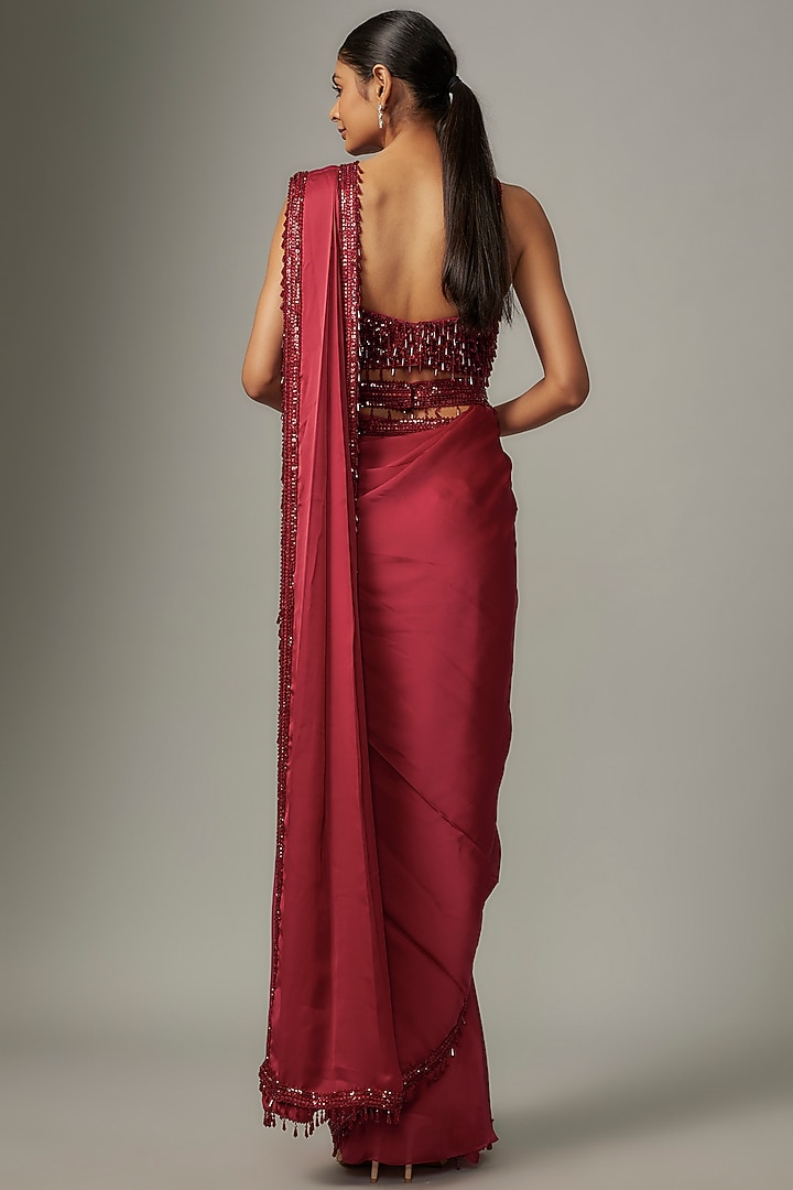 Red Satin & Raw Embroidered Reception Saree Set by Kresha Lulla at Pernia's Pop Up Shop