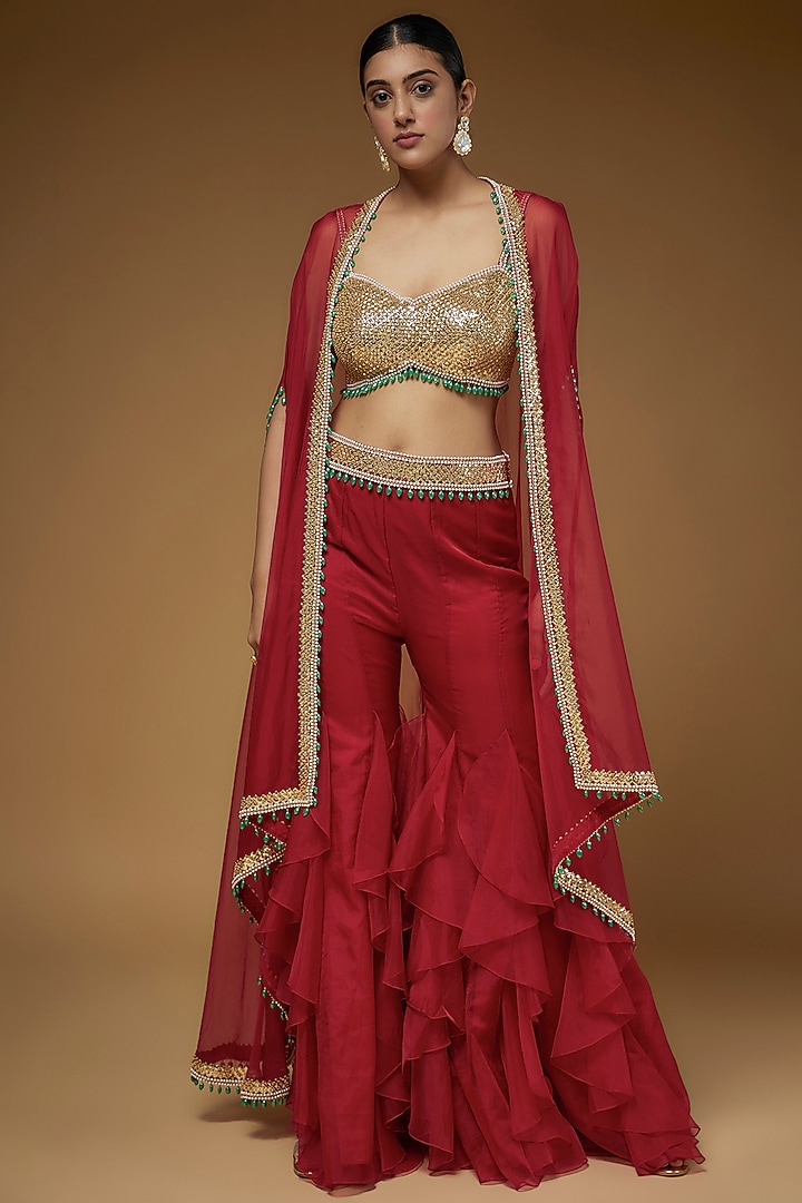 Red Organza & Raw Silk Cape Set by Kresha Lulla at Pernia's Pop Up Shop