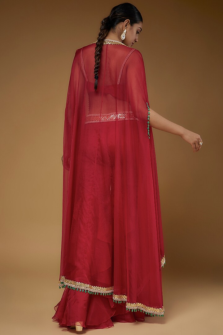 Red Organza & Raw Silk Cape Set by Kresha Lulla at Pernia's Pop Up Shop