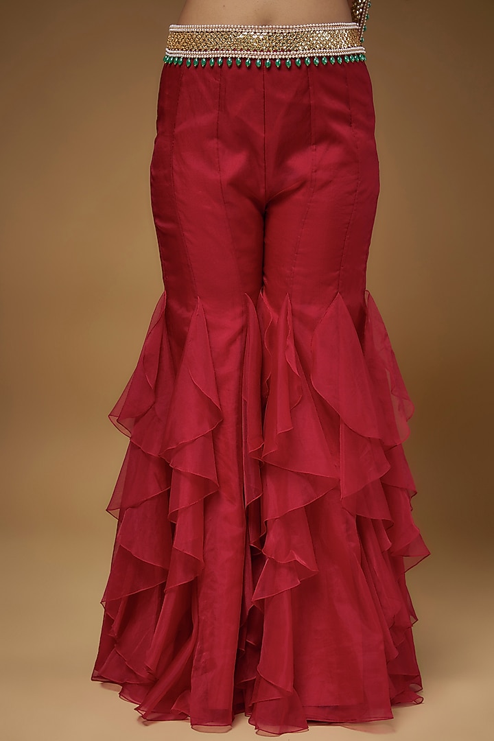 Red Organza & Raw Silk Cape Set by Kresha Lulla at Pernia's Pop Up Shop