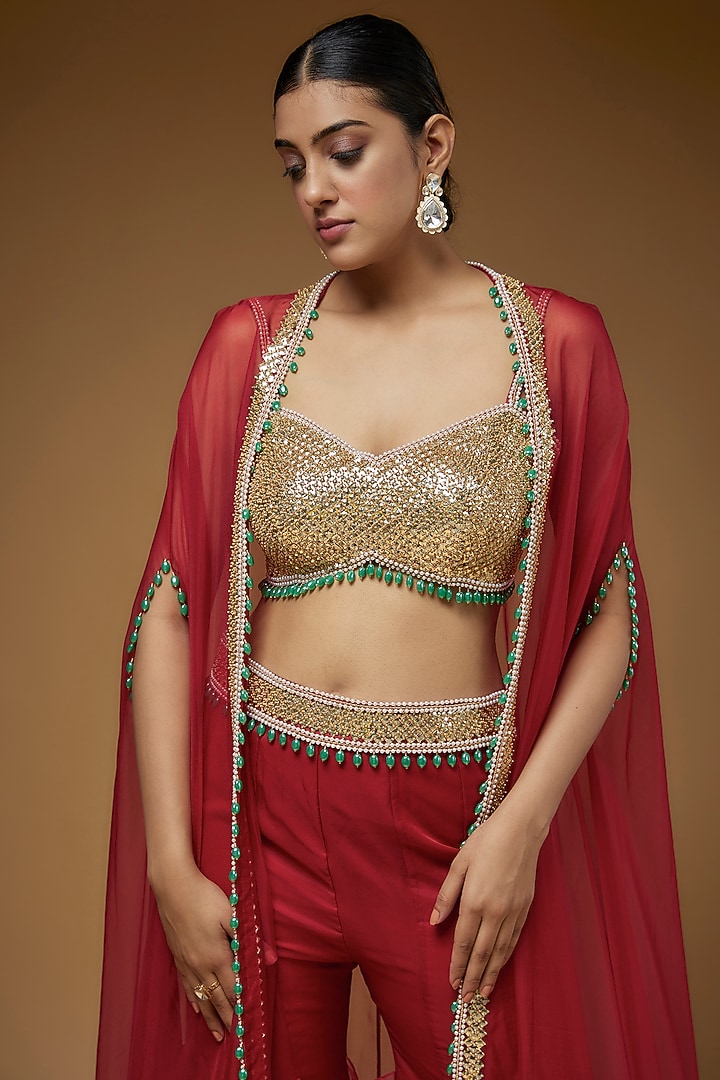 Red Organza & Raw Silk Cape Set by Kresha Lulla at Pernia's Pop Up Shop