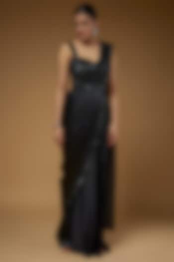 Black Satin Embroidered Reception Saree Set by Kresha Lulla at Pernia's Pop Up Shop
