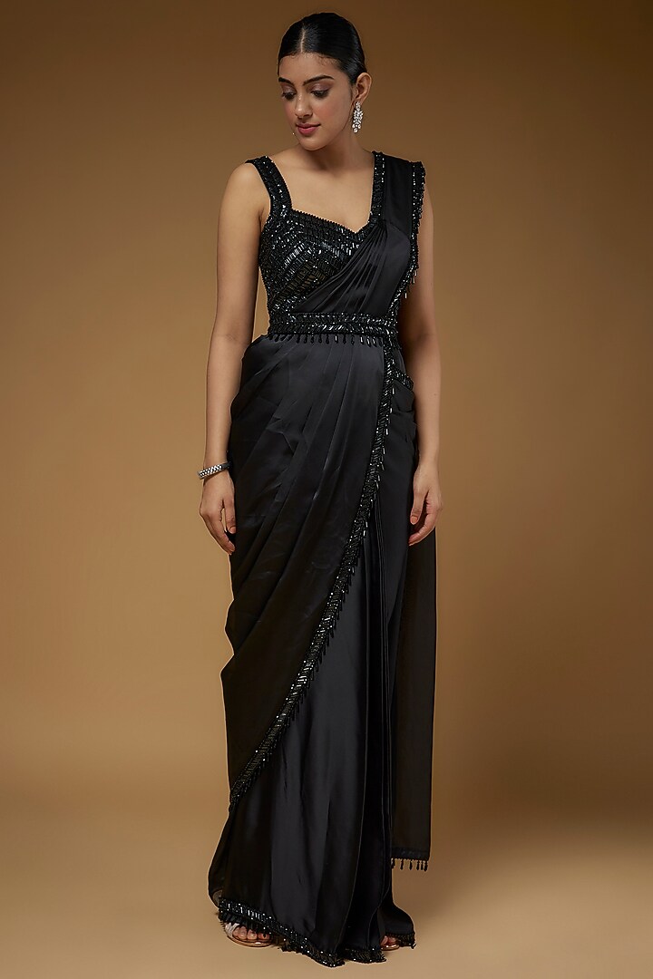 Black Satin Embroidered Reception Saree Set by Kresha Lulla at Pernia's Pop Up Shop