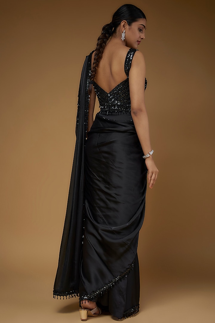 Black Satin Embroidered Reception Saree Set by Kresha Lulla at Pernia's Pop Up Shop