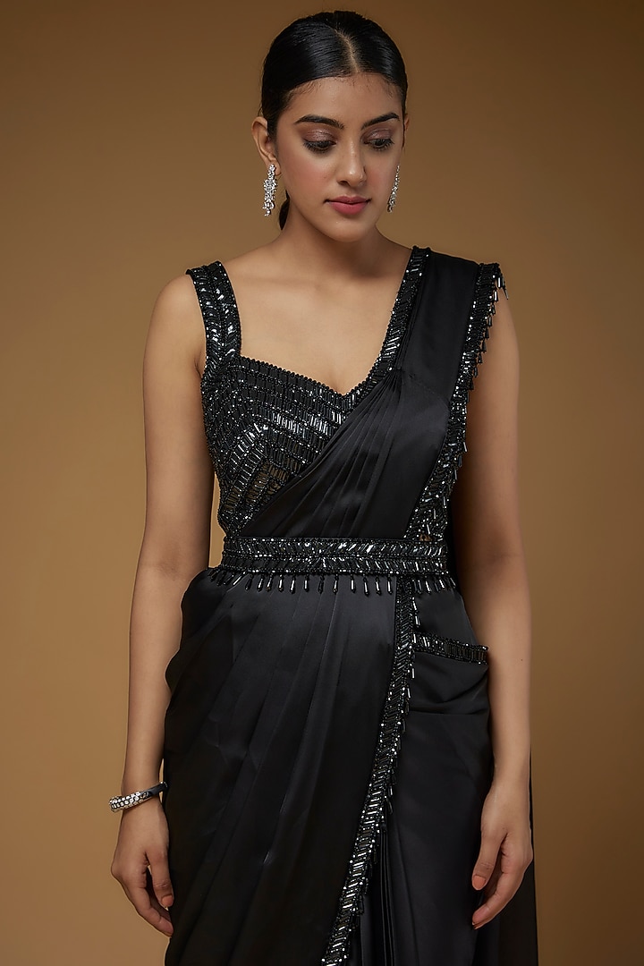 Black Satin Embroidered Reception Saree Set by Kresha Lulla at Pernia's Pop Up Shop
