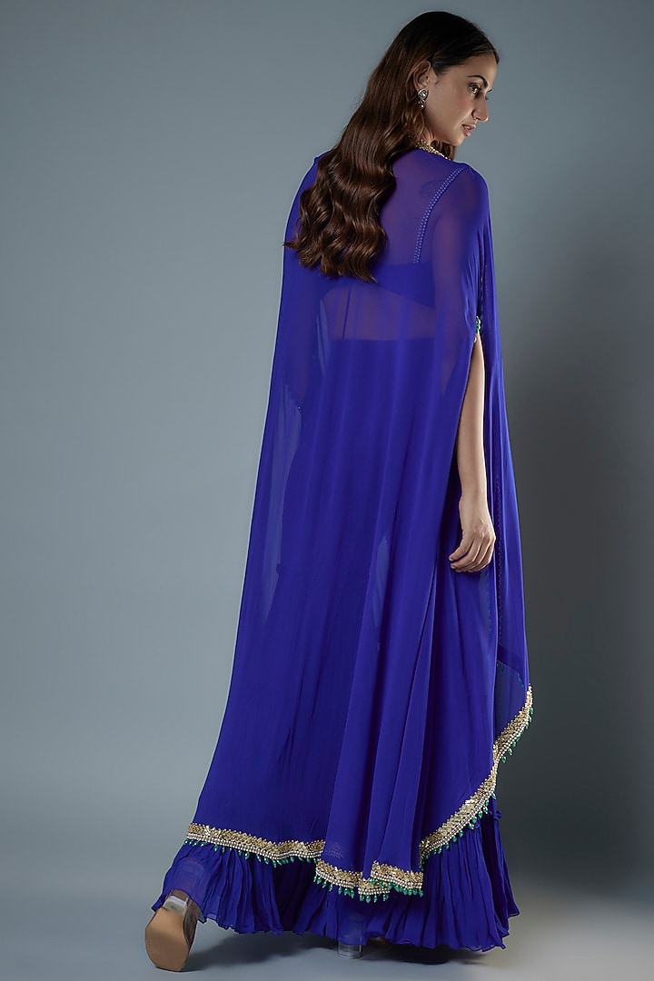 Royal Blue Georgette & Raw Silk Sequins Embroidered Cape Set by Kresha Lulla at Pernia's Pop Up Shop